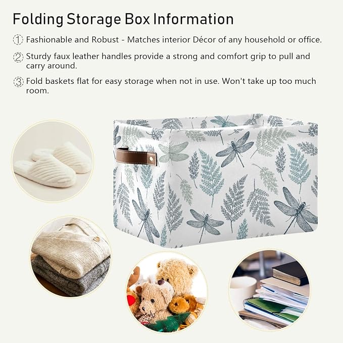 susiyo Large Foldable Storage Bin Fern Botanical Dragonfly Fabric Storage Baskets Collapsible Decorative Baskets Organizing Basket Bin with PU Handles for Shelves Home Closet Bedroom Living Room-1Pack