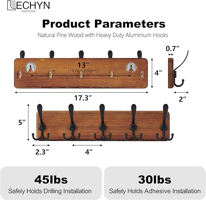 Rustic Wooden Coat Rack Wall Mount with 5 Hooks, Farmhouse Wood Coat Hanger Wall Mount Heavy Duty for Hanging Jacket Coat (Brown)
