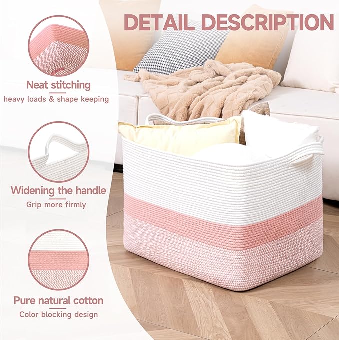 CLHMILY&Z Stylish Square Cotton Rope Storage Basket (Pink & White, 110L)