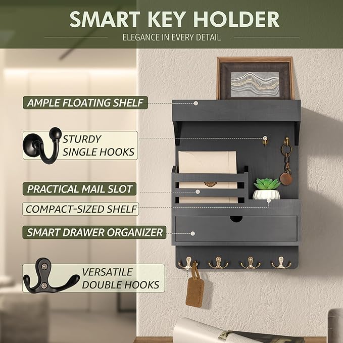 Rebee Vision Modern Key Holder Wall Mount with Drawer Organizer - Pine Wood Mail and Key Organizer with 6 Keys Hooks and Floating Wall Shelf - Stylish Home Decor for Apartment (Black)
