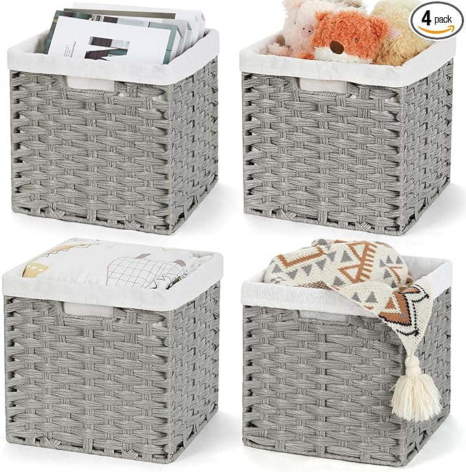 Bidtakay Wicker Cube Baskets with Liners Cube Storage Organizer for Shelves Closet 11 inch 4 Pack Decorative Hand-Woven Imitation Wicker Storage Bins for Organizing Pantry Bedroom Light Grey