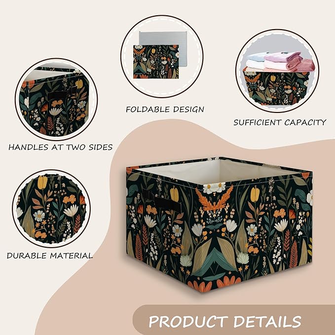 Boho Moody Wildflower Basket Foldable Storage Bins Box with Handles, Vintage Art Deco Maximalist Floral Botanical Collapsible Organizer Basket for Bedroom Bathroom Clothes Toys Books