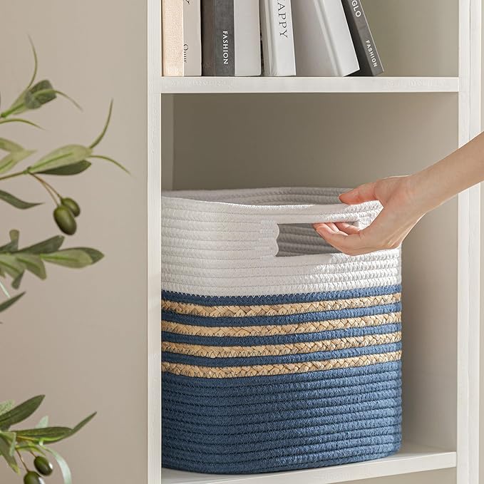 UBBCARE Storage Cubes 11 X 10.5 X 10.5 in, Water Hyacinth Storage Bins for shelves, Toys, Book, Storage Baskets with Handles, Cotton Rope Woven Baskets for Organizing, Navy Blue