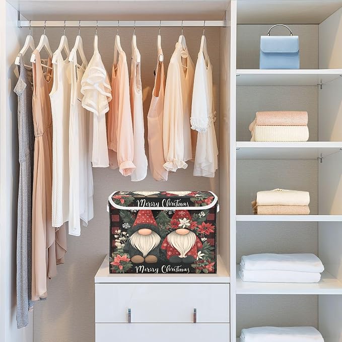 Merry Christmas Checkered Gnomes Collapsible Storage Bins with Lids Decorative Fabric Cubes Closet Organizer Basket Boxes Containers for Clothes Box Chest Folding Rectangle