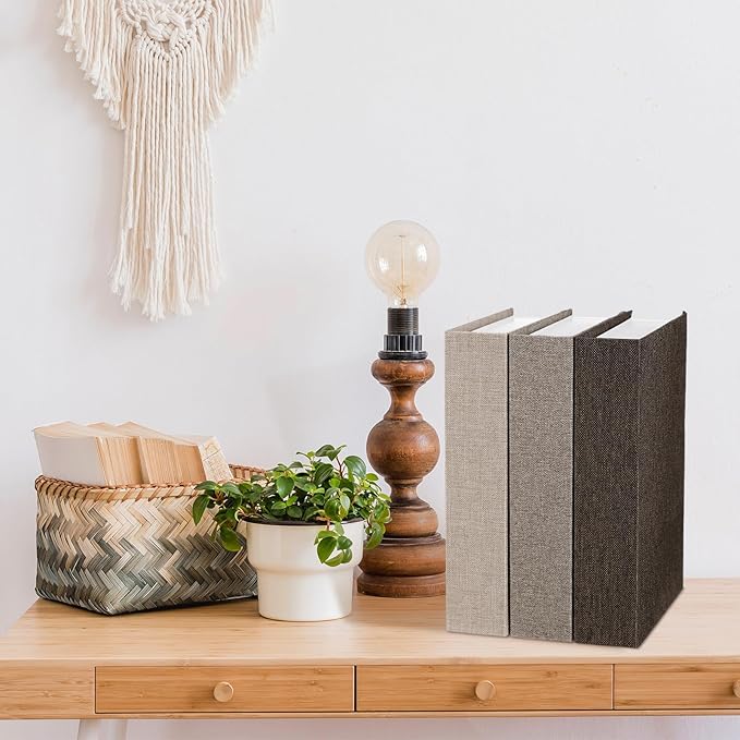 Tioncy 3 Pcs Fake Book Box Neutral Linen Book Box Decorative Faux Prop Storage for Farmhouse Home Decor shelf Table Card Photo DIY Keepsake Gift(8.6 x 6.1 x 1.8 Inch,Khaki, Dark Coffee, Light Coffee)