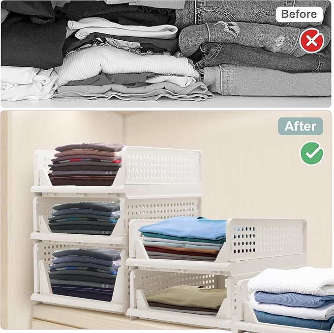 5 Pack Stackable Foldable Storage Baskets - Folding Storage Bins, Multifunctional Closet Organizers for Wardrobe, Cupboard - Space-Saving Clothes Storage Hat Organizer (White, 5L)