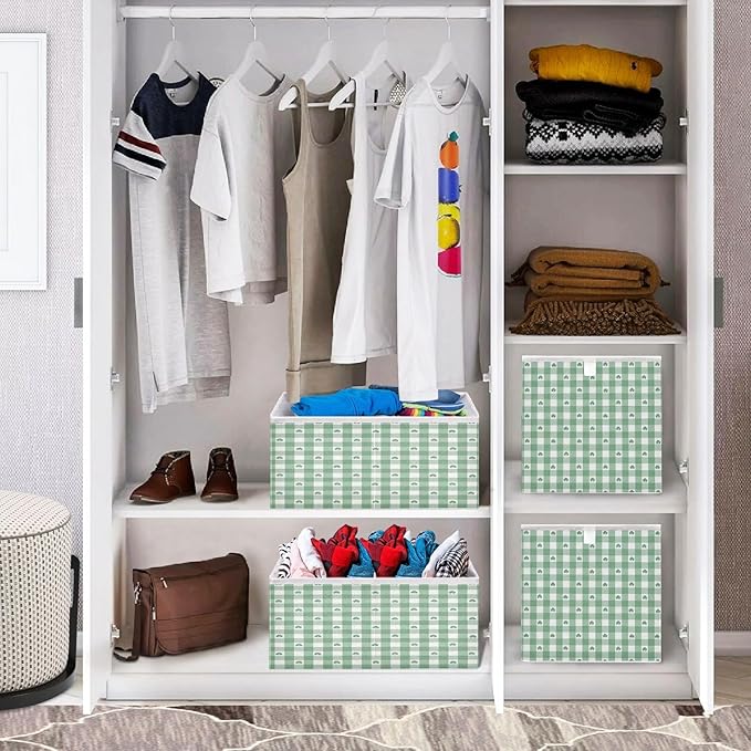 Bolaz Green White Gingham Pattern Shamrocks Closet Organizers Storage Cubes Storage Bins Shelf Baskets Containers for Home Room Office,Square