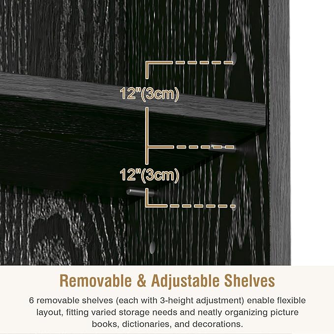 VECELO 6 Adjustable Shelf Narrow Storage Shelf - Elevated Dust-Resistant Base, Customizable Compartment Heights, Black Display Shelf for Small Spaces