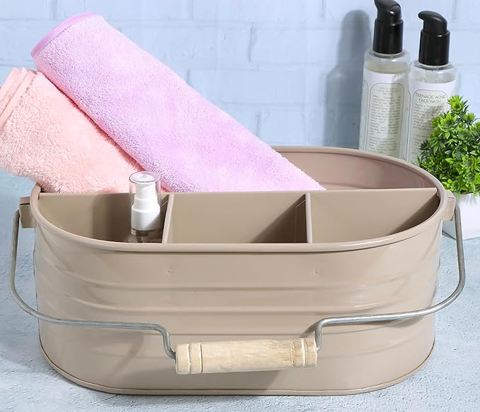 Alpha Living Home Multi-Functional Utensil Silverware Caddy – 4-Compartment Organizer for Kitchen, Party & Office – Durable Beige Powder-Coated Iron Alloy with Wooden Handle