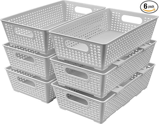 Tiawudi Stackable Woven Plastic Basket, Storage Bins for Cabinet, Closet, Shelf, Under Sink and Countertop, Pantry Organizer Bins, 6 Pack