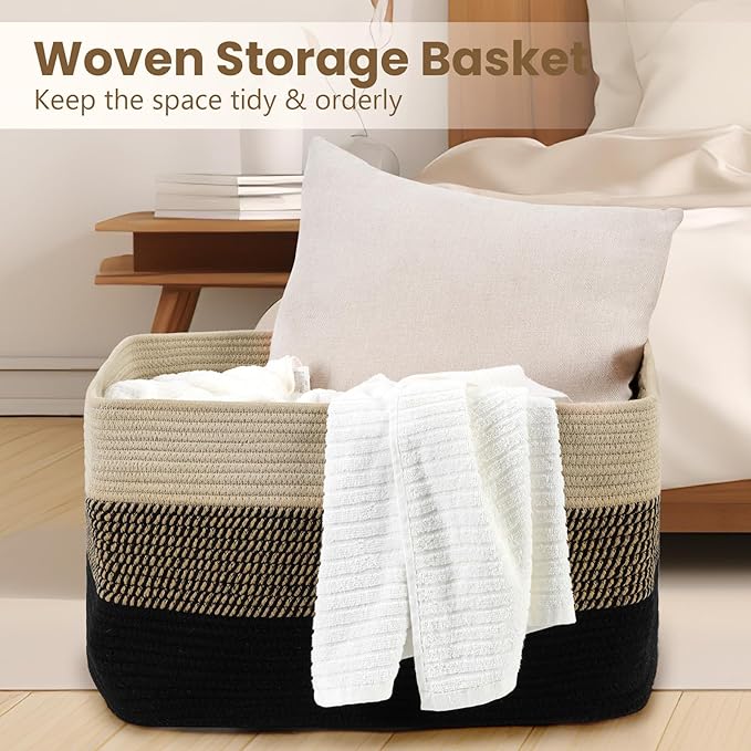 95L Large Blanket Basket, Woven Storage Baskets with Reinforced Handles, Rope Laundry Basket for Living Room, Bedroom, Nursery, Toys, Clothes,Pillows, 24â x 17â x 13.5â, Black & Brown