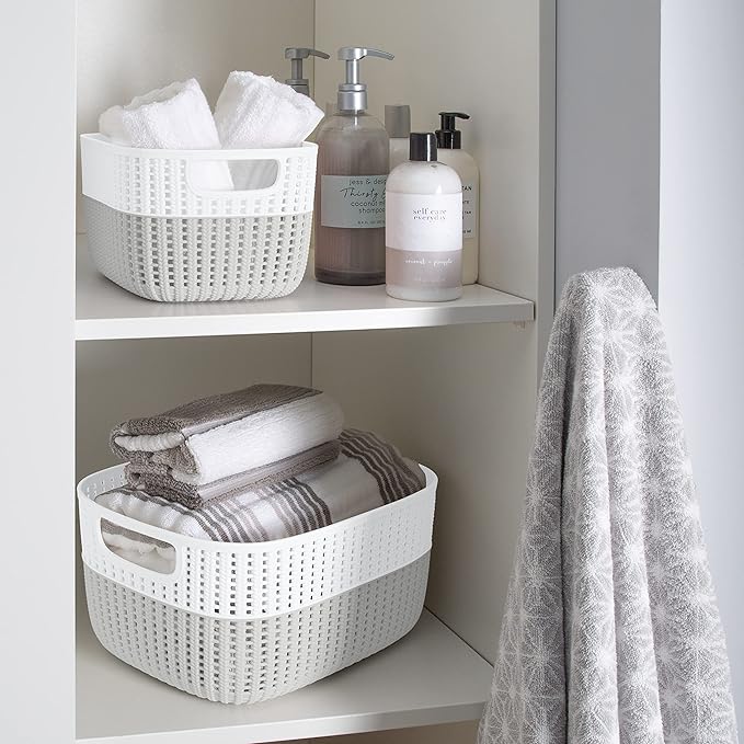 Simplify 2 Pack 2 Tone Sailor Knot Plastic Storage Tote | Decorative Basket | Closet Organization | De-clutter | Accessories | Toys | Bathroom Organization | Medium | Heather Grey