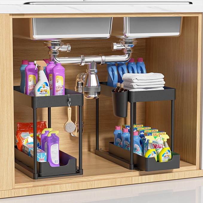 2 Pack Under Sink Organizer with Sliding Basket - 2 Tier Metal Cabinet Storage Shelf for Bathroom, Kitchen Sink - Adjustable Shelves, Space Saver,Black