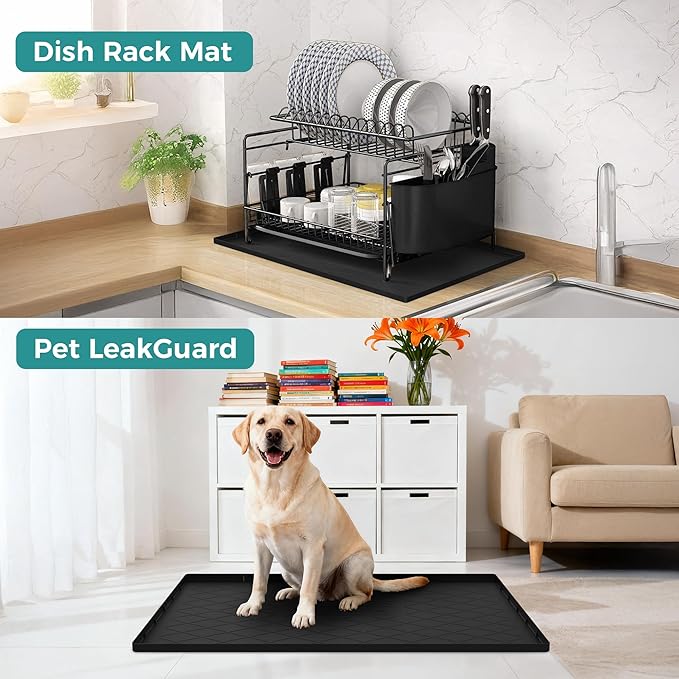 URMONA 25" x 22" Waterproof Silicone Mat in Multiple Sizes & Colors, Under Sink Mat for Kitchen & Bathroom, Pet Food Pad for Dogs & Cats, Kitchen Cabinet Liner, Multi-Purpose for Storage(Black)
