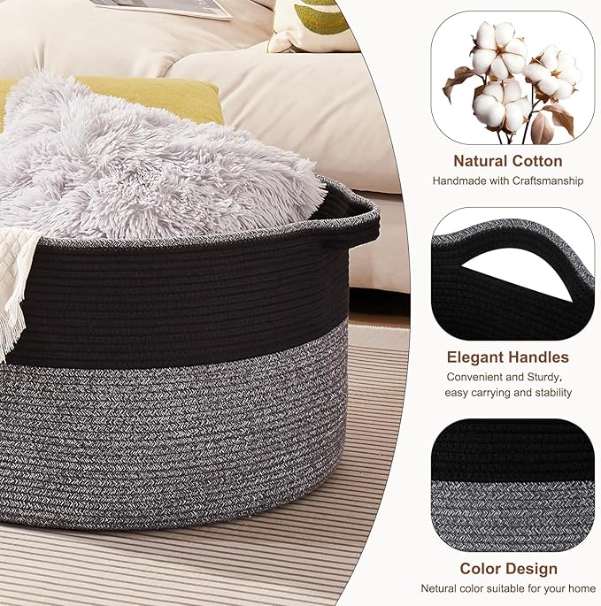 Large Blanket Basket with Handles, 22.8" x 22.8" x 13" Woven Storage Basket for Living Room, Cotton Rope Baby Toy Storage for Clothes, Pillows, Towels-Black and Grey