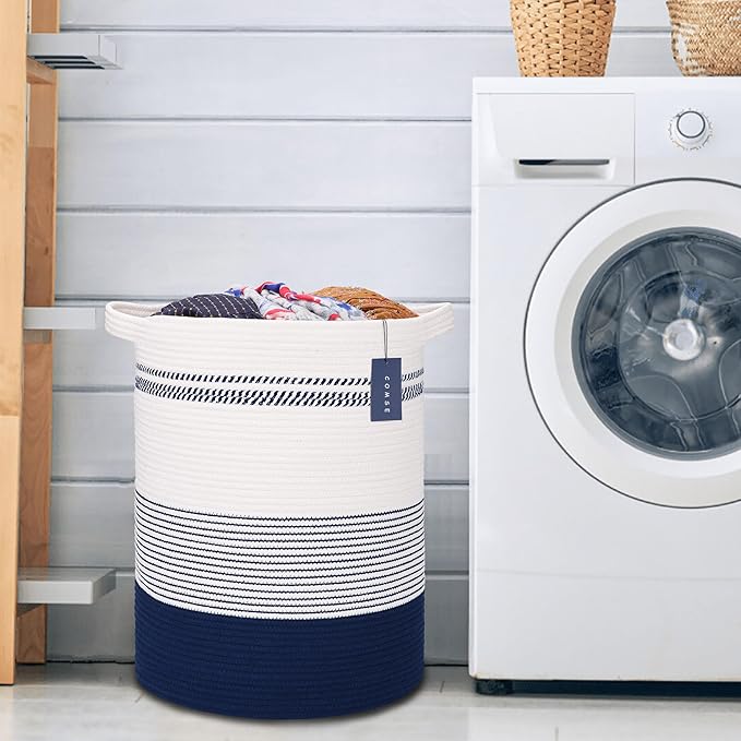 COMSE Extra Large Blanket Basket, Tall Laundry Basket, Nursery Hamper, 15.7âx 21.7â, Cotton Rope Woven Laundry Hamper for Storage Toys Clothes Towels, Navy Blue & White