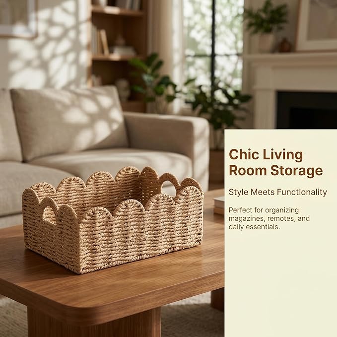 Scalloped Wicker Baskets, Set of 3 Hand-Woven Storage Baskets with Handles - Paper Rope Shelf Organizers & Decorative Baskets for Shelves, Closet, Bathroom (Tanï¼