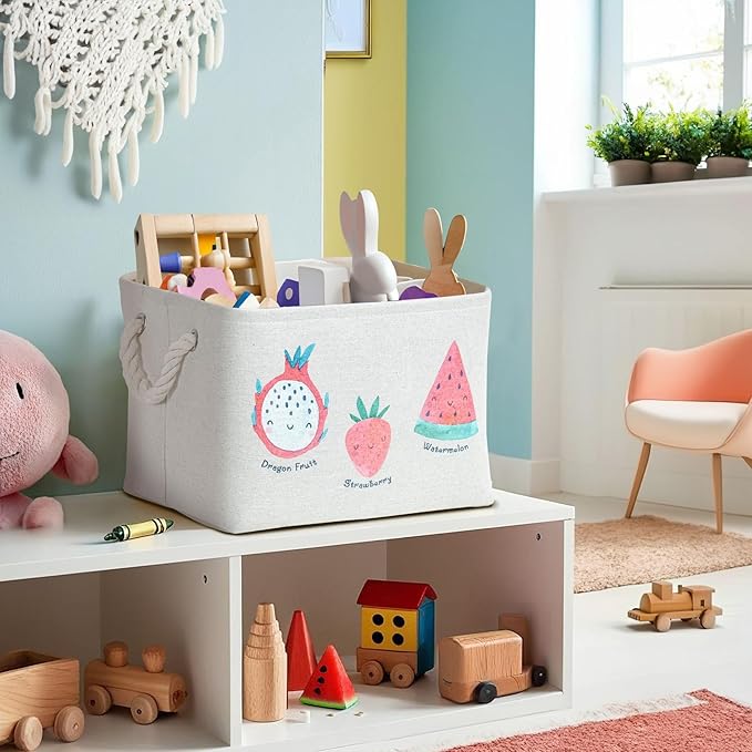 DECOMOMO Toy Storage Baskets for Shelves - 40L Kids Storage Bin for Nursery Décor, Baby, Laundry, Toys (Fruit Print, XXL - 3 Pack)