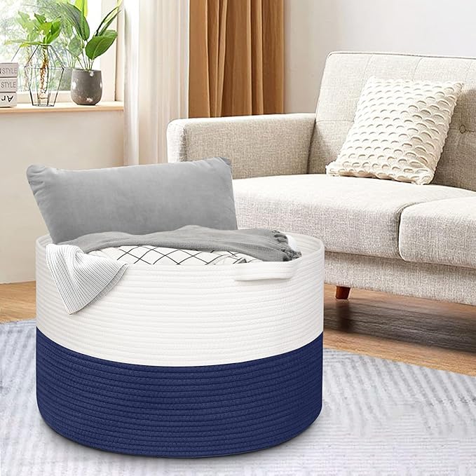 115L Super Large Blanket Basket, Storage Bin Box, Oversized Organizer, Cotton Rope Woven Bin, XXXL Jumbo Basket for Blankets for Living Room, 23.6"x15.7", Dark Blue