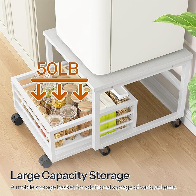 HOOBRO Mini Fridge Stand with Movable Storage Basket, Mini Fridge Cabinet with Wheels and Adjustable Feet, Sturdy Metal Frame, for Kitchen, Living Room, Office, White WW155TL01