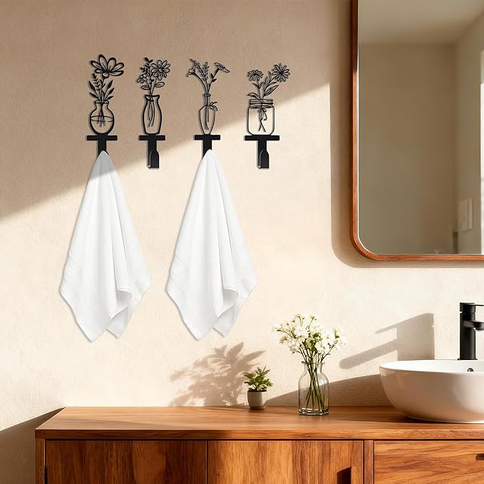 Decorative Wall Hooks, Metal Flowers Wall Decor with 4 Towel Hooks - Floral Vine Bathroom Hooks for Towels & Coats, Vintage Kitchen & Entryway Organizer