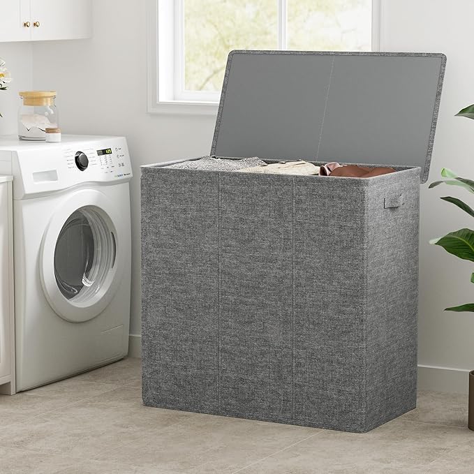 WOWLIVE 180L Laundry Hamper with Lid 3 Section,Large Laundry Basket with Removable Bags and Handles,Collapsible Dirty Clothes Hampers for Laundry,Laundry Basket Organizer for Laundry Room,Dorm,Grey