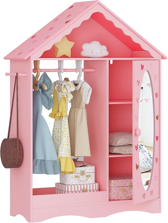 UTEX Kids Dress Up Storage with Mirror, Kids Wardrobe Closet, Dress Up Armoire for Little Girls, Open Hanging Costume Organizer with Storage Cabinet for Kids Room, Playroom | with Mirror, for Little Girls, Open Hanging, Costume Organizer, with Storage ...