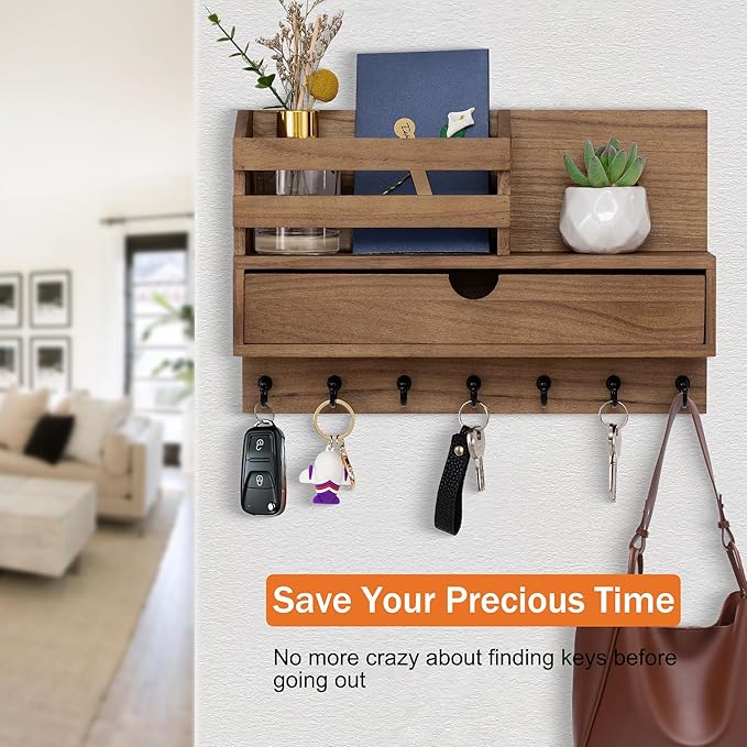 Key and Mail Holder for Wall, Mail Organizer Wall Mount with 6 Hooks and Storage Drawer, Wooden Key Rack Hanger with Shelf for Entryway and Home Decor