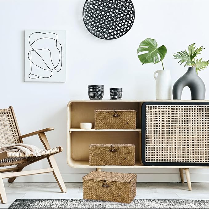 Wicker Basket With Lid - Rectangular Lidded Basket Box Natural Seagrass Storage Baskets Woven Decorative Basket Bin for Shelf Home Decor,Caramel Color,Set of 3