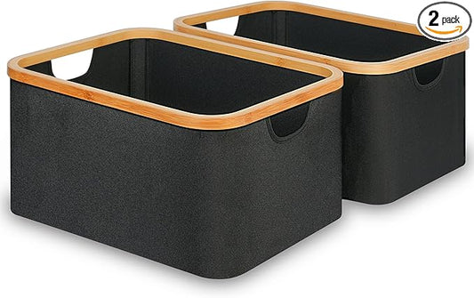 efluky Storage Baskets for Organizing, Fabric Storage Bins with Bamboo Handles, Collapsible Storage Baskets for Shelves and Closet (Black, 16.2'' x 13'' x 9.1'')