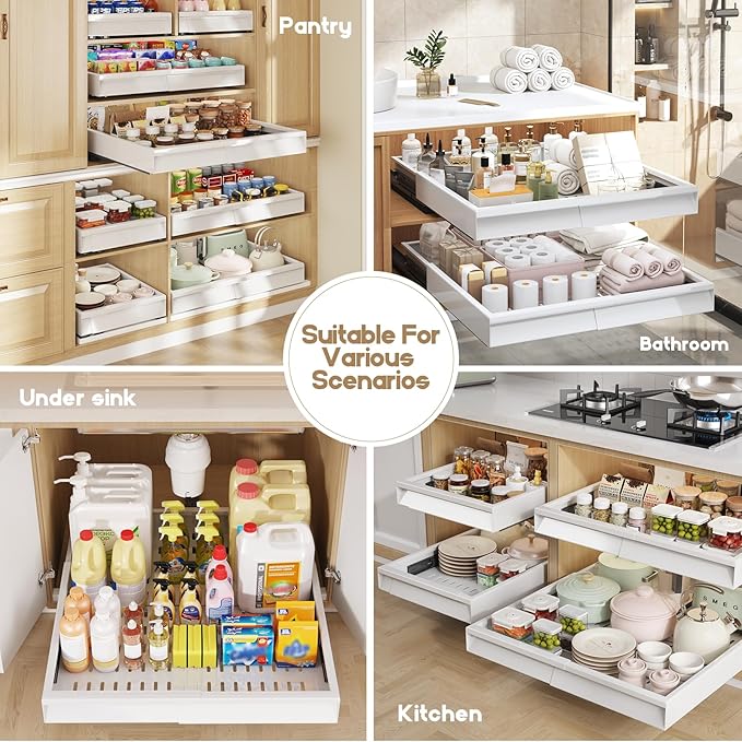2 Pack Pull Out Cabinet Organizer With Raising Pad for Framed Cabinets,Expandable Width (13"-21") and Depth (17"-24"),3 Slide Rails Slide Out Drawers with Handle,No-Drill Roll Out Shelf,White