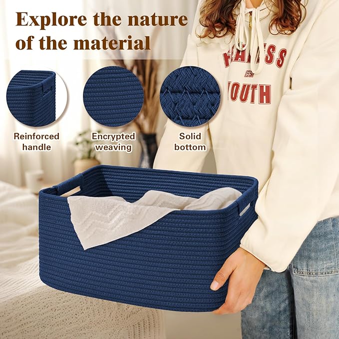 4 Pack Large Storage Basket for Organizing, 17.5"x13.5"x7.5" Woven Basket for Shelves, Closet Cube Storage Bins with Wrapped Handle, Cotton Rope Baskets for Kitchen, Clothes, Toys(Navy Blue)