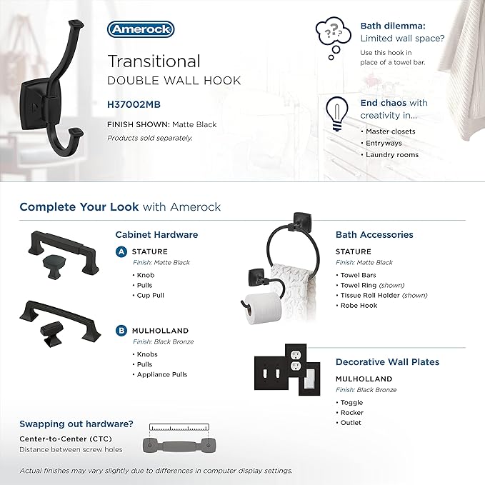 Amerock H37002MB | Kinsale Double Prong Decorative Wall Hook | Matte Black Hook for Coats, Hats, Backpacks, Bags | Hooks for Bathroom, Bedroom, Closet, Entryway, Laundry Room, Office