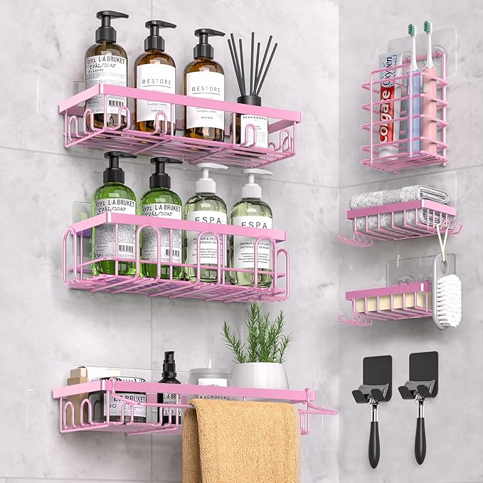 Shower Caddy 9 Pack,Adhesive Organizer for Bathroom Decor Accessories & Kitchen Storage,No Drilling,Large Capacity,Rustproof Stainless Steel Organizer,Home Decor Shelves (Pink 9 Pack)