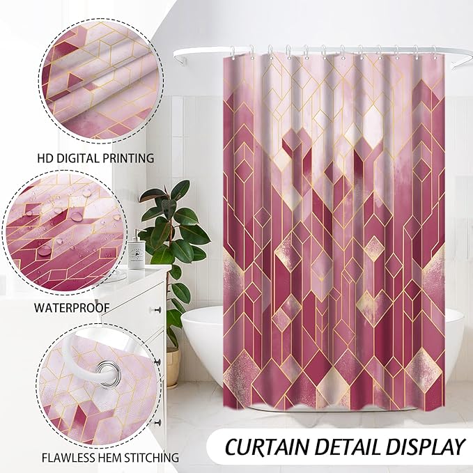 Lnond Red Bathroom Set, Red Abstract Cubes Bathroom Accessories Sets Complete, Luxury Restroom Set with Shower Curtain and Rugs, Trash Can, Toilet Brush Holder Set & Soap Dispenser