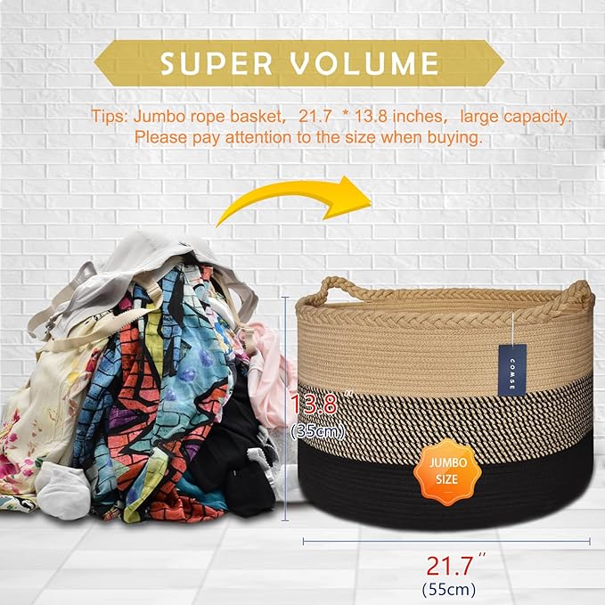 COMSE Extra Large Blanket Basket, Woven Laundry Basket, 21.7âx 13.8â, Nursery Hamper, Cotton Rope Laundry Hamper Living Room for Storage Toys Clothes Towels (Brown & Black)