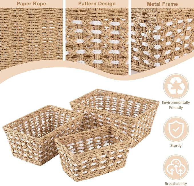 OIAHOMY Wicker Storage Baskets, Paper Rope Shelf Bins, Decortive Baskets for Organizing, Set of 3-Yellow & White