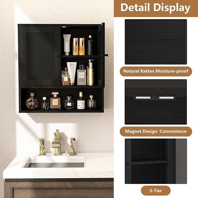 Bathroom Wall Cabinet, Wall-Mounted Rattan Medicine Cabinet with Double-Door, Floating Bathroom Cabinet Over Toilet for Laundry Room & Kitchen & Living Room 23.23 x 7.68 x 24 in