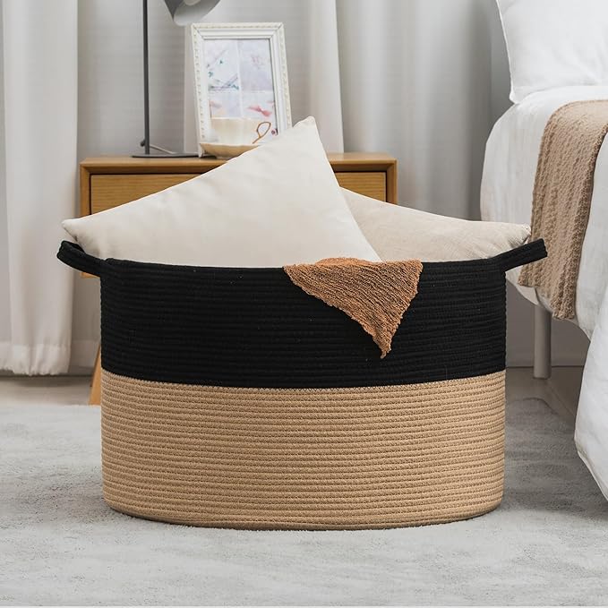 XXXLarge Woven Cotton Rope Basket (21.7" x 13.8") – Blanket Basket for Living Room, Laundry Hamper, Baby Laundry Hamper, Toy Storage, Pillows & Cushions Organizer (Black&Brown)