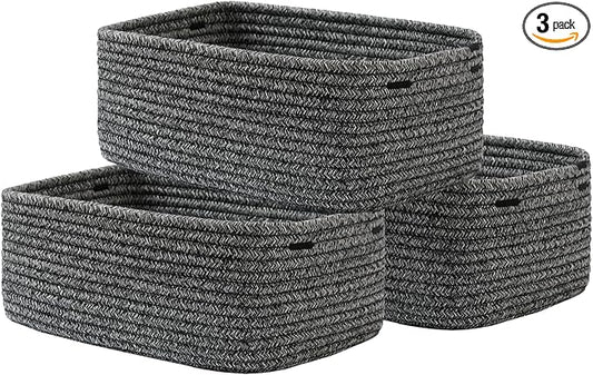 Small Woven Basket, 13.5 x 9.5 x 5 Inches, Storage Basket for Organizing, Cute Small Rope Shelf Closet Cube Storage Bins Baskets for Shelves, Dog Toy Gift Baskets Empty, 3 Pack Mixed Black