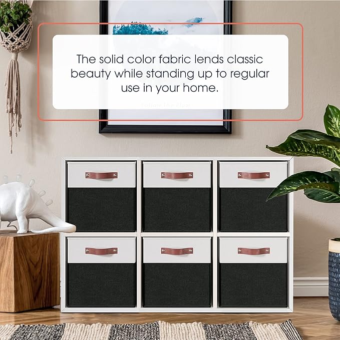 Ornavo Home 11 x 11 Storage Cube Bins, Foldable Collapsible Fabric Storage Bins Box Linen Shelf Basket Cube Organizer for Closet with Leather Handles, 6 Pack, White/Black