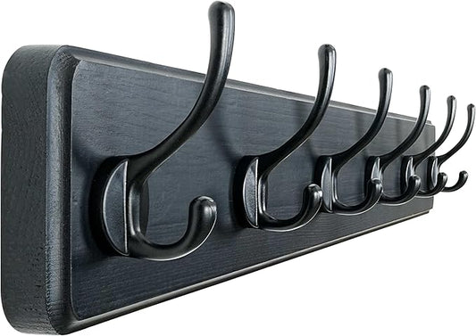 Dseap Coat Rack Wall: 24" Long, Patented, Heavy-Duty, 6-Double-Hooks Wooden Wall Mounted Coat Rack Coat Hanger Hook Rail for Winter Coats Hat Jacket Clothing, Black