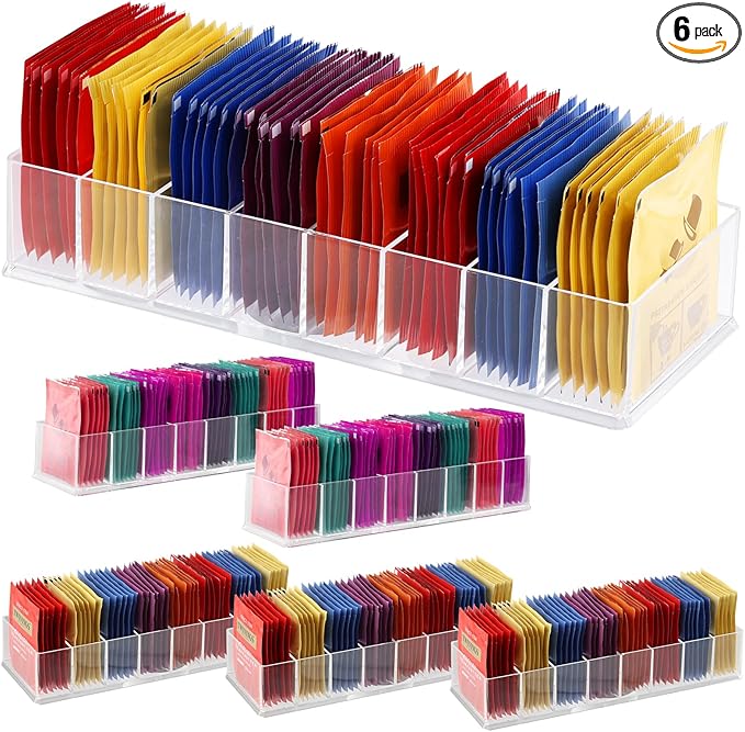 6 Pack Tea Bag Organizer, Clear Plastic Tea Bag Holder with Adhesive Non-Slip Pads, 8-Compartment Sugar & Drink Packet Organizer for Kitchen Storage Organization, Break Room, Pantry Even Drawer