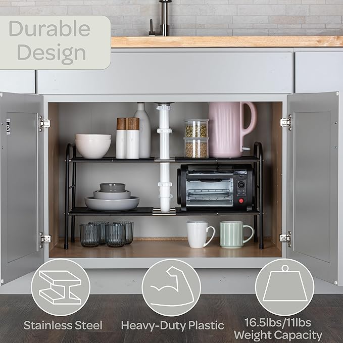 Under Sink Organizer - 2 Tier Adjustable Shelf Organizer with 8 Removable Panels - Kitchen or Bathroom Under Sink Organizers and Storage by Home-Complete (White)