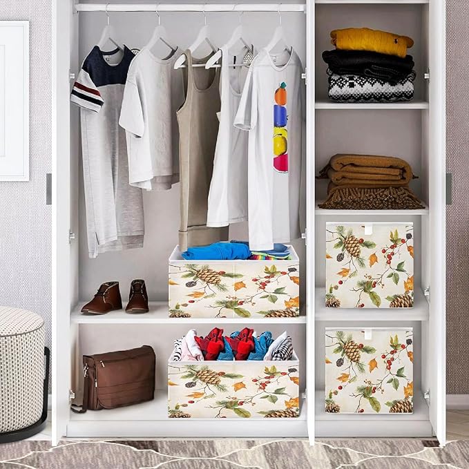Bolaz Autumn Leaves Pine Cones Closet Organizers Storage Cubes Storage Bins Shelf Baskets Containers for Home Room Office,Square