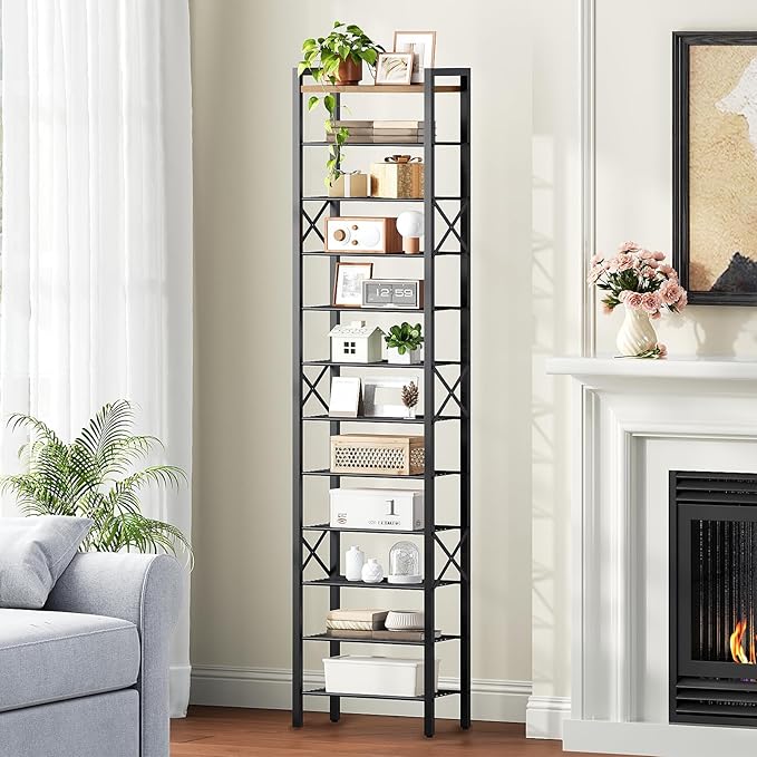 12-Tier Narrow Shoe Rack, Tall Shoe Rack for 12-24 Pairs, Slim Shoe Storage Organizer with Wooden Top, Space Saving, Metal Frame, for Entryway, Rustic Brown and Black SS61BR