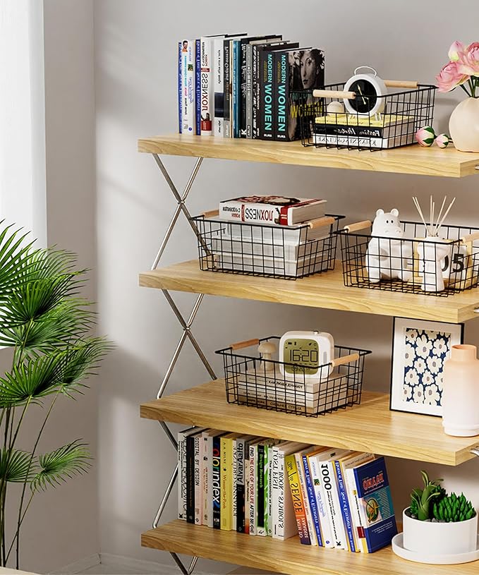 Wire Basket with Wooden Handle, Metal Utility Storage Basket for Organizing Kitchen Pantry Cabinets, Closet and Garage Shelves Drawers, Office Metal Basket Storage Organizer with Handle (Black 4 Pack)