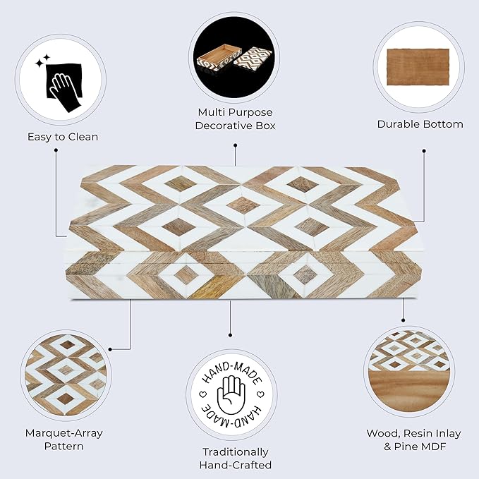 Handicrafts Home White Decorative Box with Lid– Marquet Resin Inlay & Wood Decorative Boxes for Home Decor, Decor, Storage Box for Jewellery & Keys White Brown Neutral Decorative Storage Box- 12x6x2