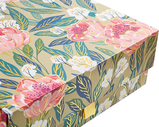 3-Piece Decorative Storage Boxes with Lids, Floral Gold Foil, Peach Pink, Light Green and Pale Blue Peonies, Cardboard Keepsake box Set, Photo Storage Box for Memory, Home Decor, Table Decor