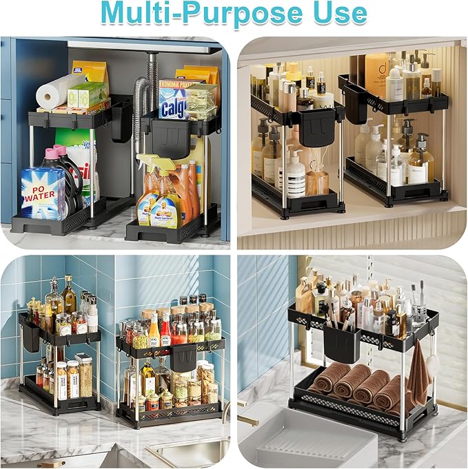 Under Kitchen Sink Organizer, 2-tier Under Sink Organizers and Storage for Kitchen & Bathroom, Multi-Purpose Pull Out Under Cabinet Organizer with Hooks Hanging Cup (Black, 2 Pack)
